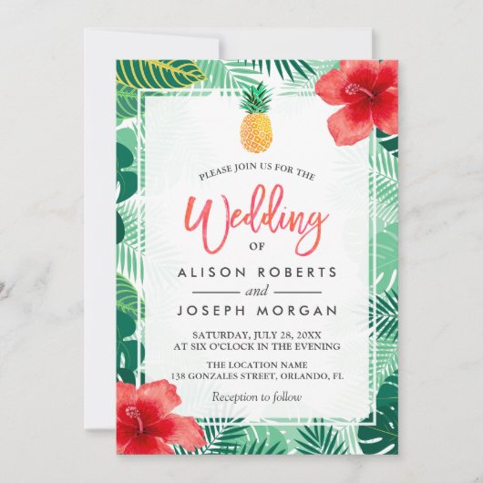 熱帯パイナップルハワイアンハイビスカス結婚ズ 招待状 (正面)