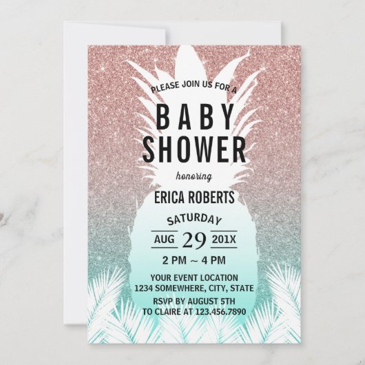 熱帯パイナップルバラ金ゴールドグリッターベビーシャワー 招待状 (正面)