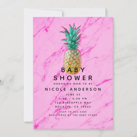 熱帯パイナップルピンク大理石モダン赤ちゃんシャワー 招待状 (正面)
