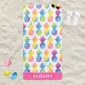 熱帯パイナップルピンク水彩名前をカスタムする ビーチタオル