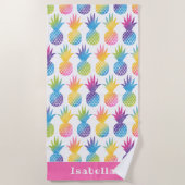 熱帯パイナップルピンク水彩名前をカスタムする ビーチタオル (正面)