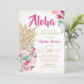 熱帯パイナップルピンク金ゴールドフローラ赤ちゃんシャワー 招待状 (スタンド正面)