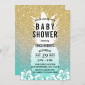 熱帯パイナップルフラワー金ゴールドグリッターベビーシャワー 招待状 (正面/裏面)