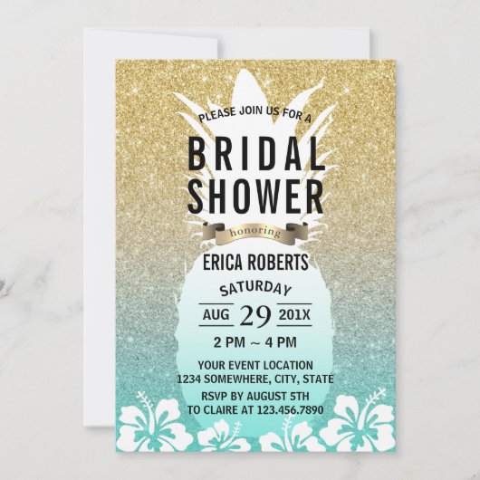 熱帯パイナップルフラワー金ゴールドブライダルシャワー 招待状 (正面)