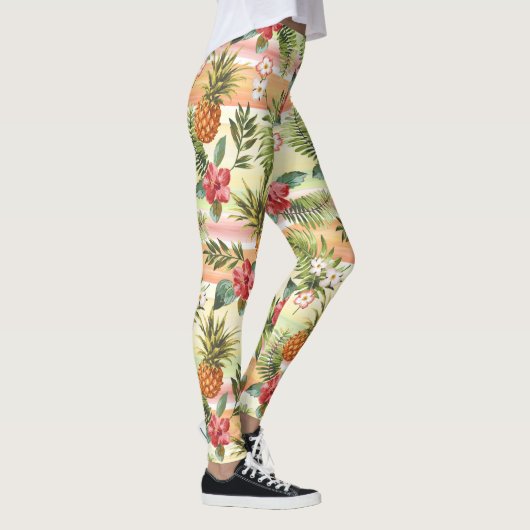 熱帯パイナップルフルーツストライプフローラ模様 レギンス (右)
