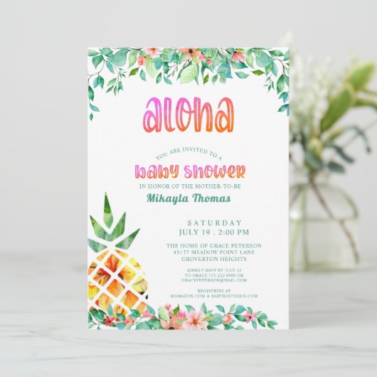 熱帯パイナップルフローラルアウ(ハワイ式宴会)ベビーシャワー 招待状 (スタンド正面)