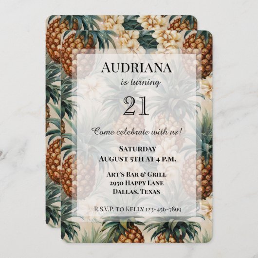 熱帯パイナップルフローラ誕生日 招待状 (正面/裏面)
