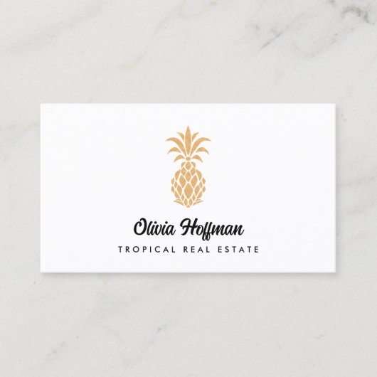 熱帯パイナップルホワイトおよび金ゴールド名刺 名刺 (正面)