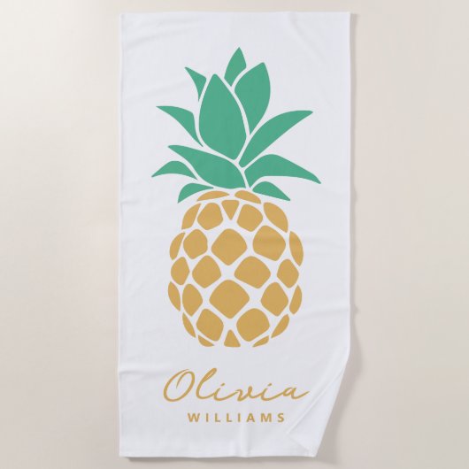 熱帯パイナップルホワイト名前をカスタムする ビーチタオル (正面)