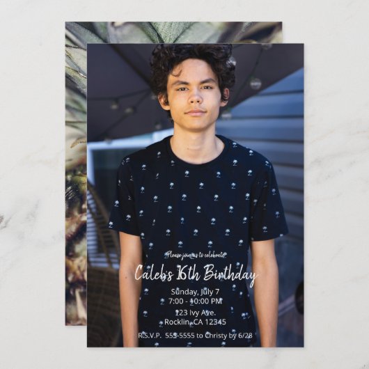 熱帯パイナップルモダンフォトバースデーパーティー 招待状 (正面/裏面)