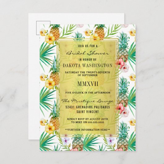 熱帯パイナップル及びハイビスカスのブライダルシャワー インビテーションポストカード (正面/裏面)