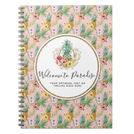 熱帯パイナップル及びハイビスカスの花の水彩画 ノートブック