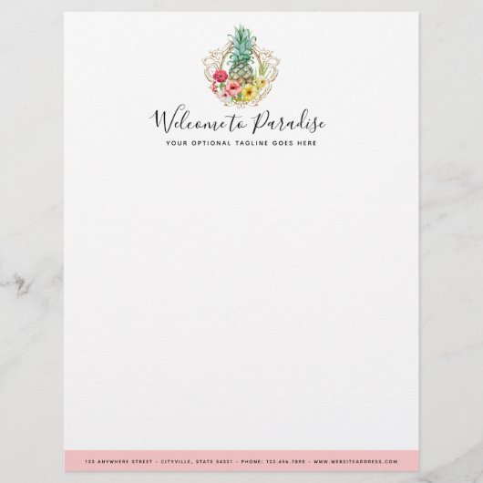 熱帯パイナップル及びハイビスカスの花の水彩画 レターヘッド (正面)