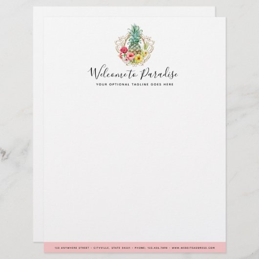 熱帯パイナップル及びハイビスカスの花の水彩画 レターヘッド (正面/裏面)