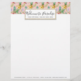 熱帯パイナップル及びハイビスカスの花の水彩画 レターヘッド