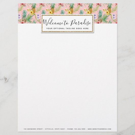 熱帯パイナップル及びハイビスカスの花の水彩画 レターヘッド (正面)