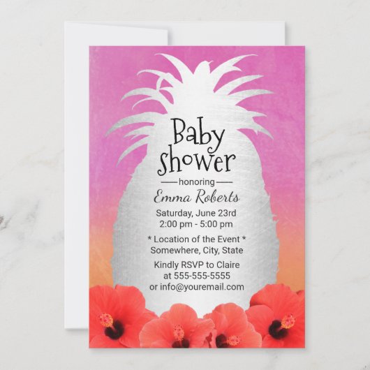 熱帯パイナップル水カラーフローラベビーシャワー 招待状 (正面)