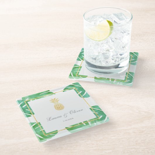 熱帯パイナップル結婚金ゴールド ガラスコースター (アングル)