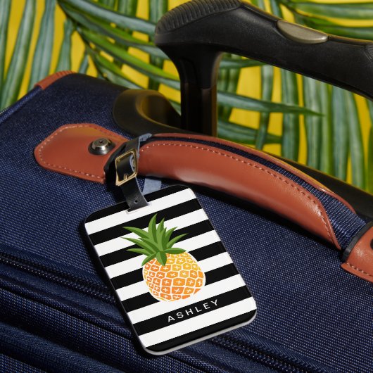 熱帯パイナップル装飾の白黒のストライプ ラゲッジタグ (正面インサイチュ1)