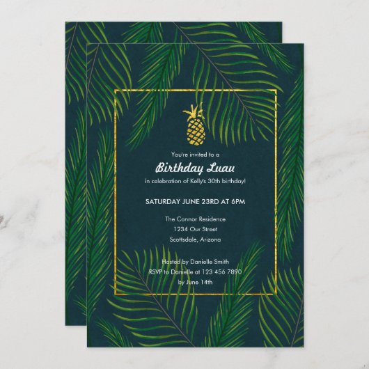 熱帯パイナップル誕生日ルアウ(ハワイ式宴会)パーティー 招待状 (正面/裏面)