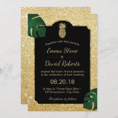 熱帯パイナップル金ゴールドグリッター結婚ハワイアン 招待状 (正面/裏面)