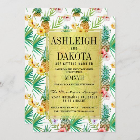 熱帯パイナップル&ハイビスカスの目的地の結婚式 招待状 (正面/裏面)