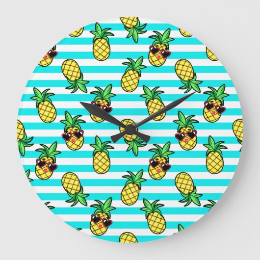 熱帯パイナップル：レトロサングラスパターン。 ラージ壁時計 (正面)