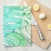 熱帯パステルモンステラ葉水の色パターン キッチンタオル (四つ折り)