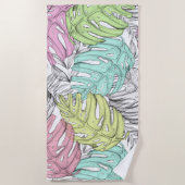 熱帯パステルモンステラ葉水の色パターン ビーチタオル (正面)
