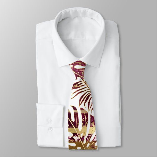 熱帯パターン（の模様が）ある葉のがくと金ゴールド ネクタイ (タイ)