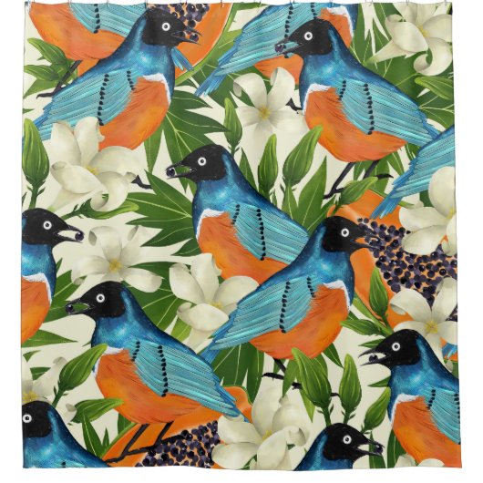 熱帯パパイヤと鳥のパターン。 シャワーカーテン (正面)