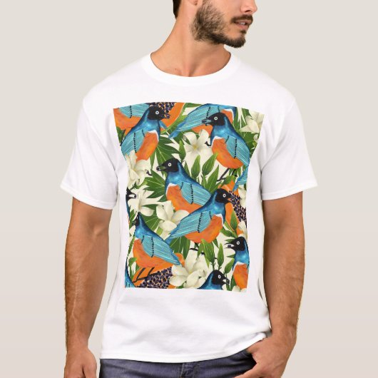 熱帯パパイヤと鳥のパターン。 Tシャツ (正面)