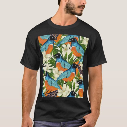 熱帯パパイヤと鳥のパターン。 Tシャツ (正面)