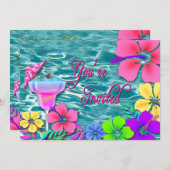 熱帯パーティの招待状 – 水/花/飲料 招待状 (正面/裏面)
