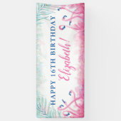 熱帯パーティーの青いピンクのフラミンゴのハッピーバースデー 横断幕 (縦)