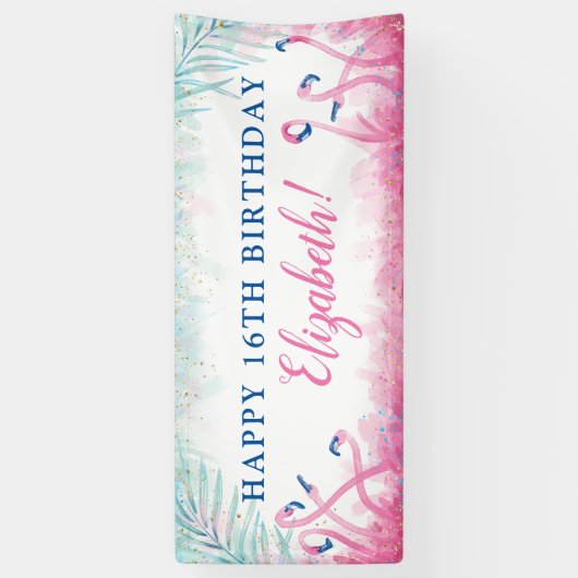 熱帯パーティーの青いピンクのフラミンゴのハッピーバースデー 横断幕 (縦)