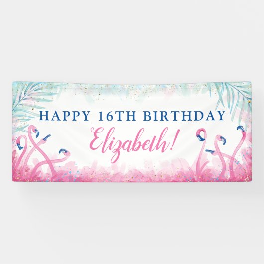 熱帯パーティーの青いピンクのフラミンゴのハッピーバースデー 横断幕 (横)