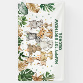 熱帯パーティー動物ジャングル野生動物1歳の誕生日 横断幕 (縦)