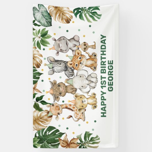 熱帯パーティー動物ジャングル野生動物1歳の誕生日 横断幕 (縦)