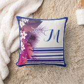 熱帯パープルエレガントブルーフローラモノグラム クッション (ブランケット)
