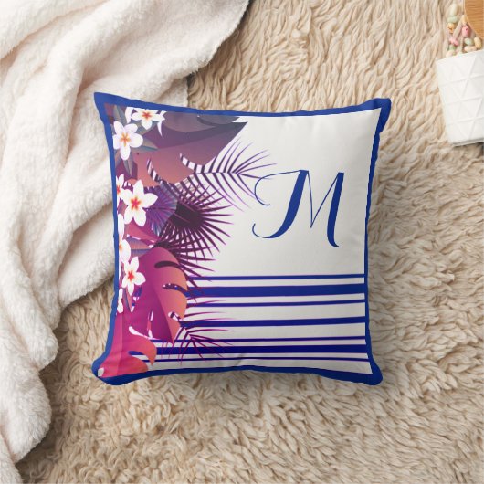 熱帯パープルエレガントブルーフローラモノグラム クッション (ブランケット)