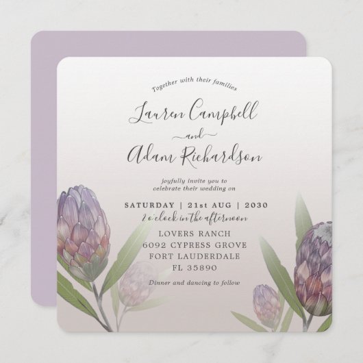 熱帯パープルフローラ水彩ウェディング 招待状 (正面/裏面)