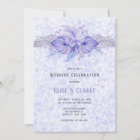 熱帯パープルブルー葉パーム結婚ズ 招待状 (正面)