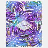 熱帯パープルモンステラの葉のパターンモダン フリースブランケット (正面)