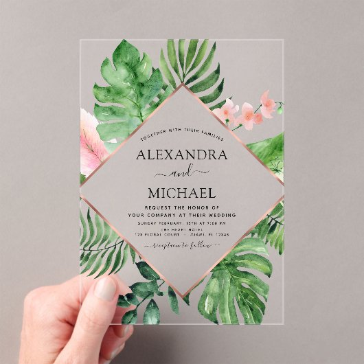 熱帯パームウォーターの色の幾何結婚的 アクリル招待状 (インサイチュ (ポータブル))