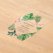 熱帯パームウォーターの色の幾何結婚的 アクリル招待状 (レイダウン)