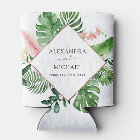 熱帯パームウォーターの色の幾何結婚的 缶クーラー (裏面)