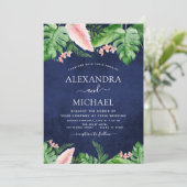 熱帯パームウォーターカラーグリーンネイビーブルー結婚ズ 招待状 (スタンド正面)