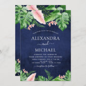 熱帯パームウォーターカラーグリーンネイビーブルー結婚ズ 招待状 (正面/裏面)