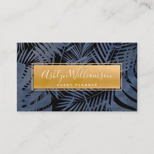 熱帯パームエレガントネイビー金ゴールドスクリプトタイポグラフィ 名刺 (正面)